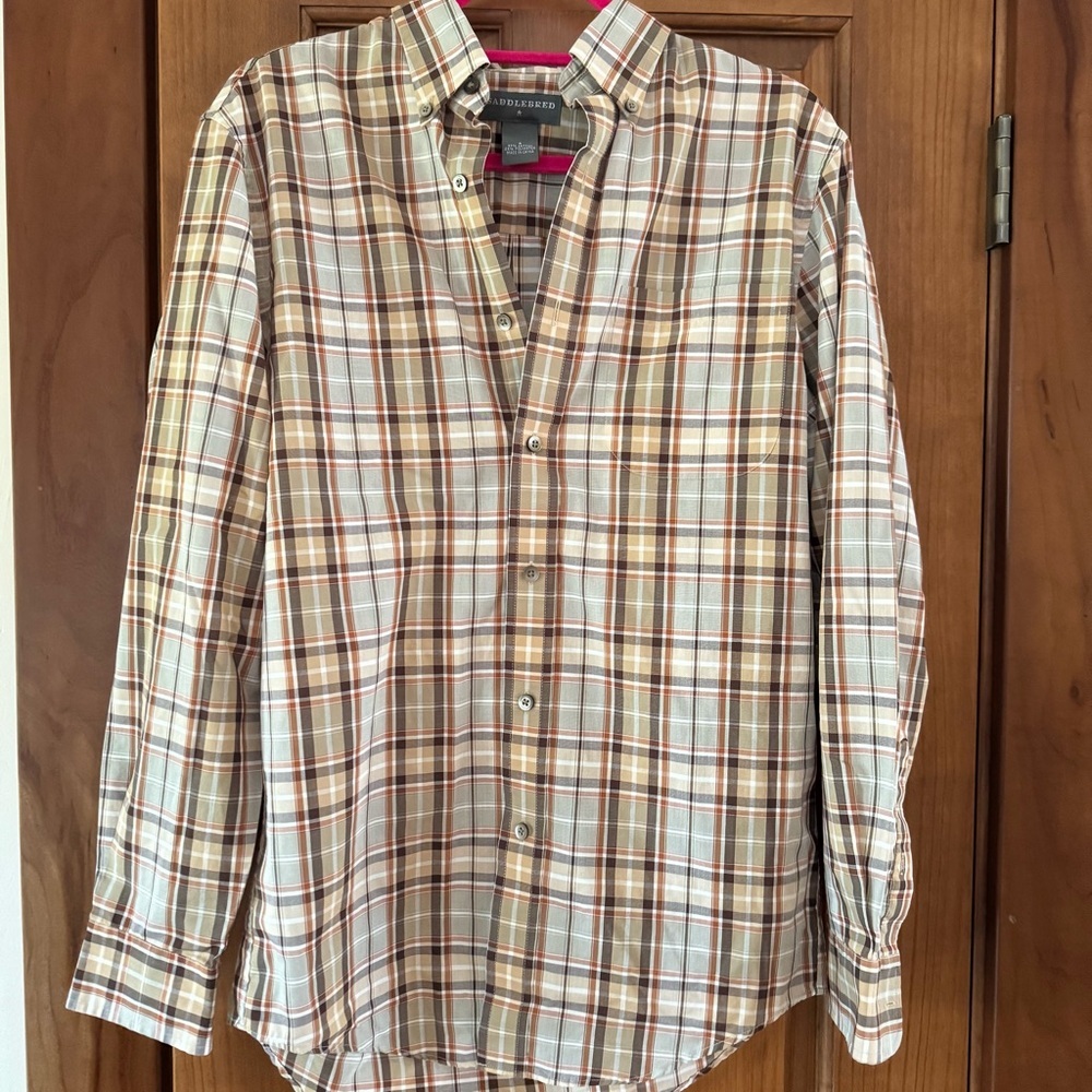 Saddlebred Button Down Shirt Mens Small Gray Tan Orange Plaid Classic Fit